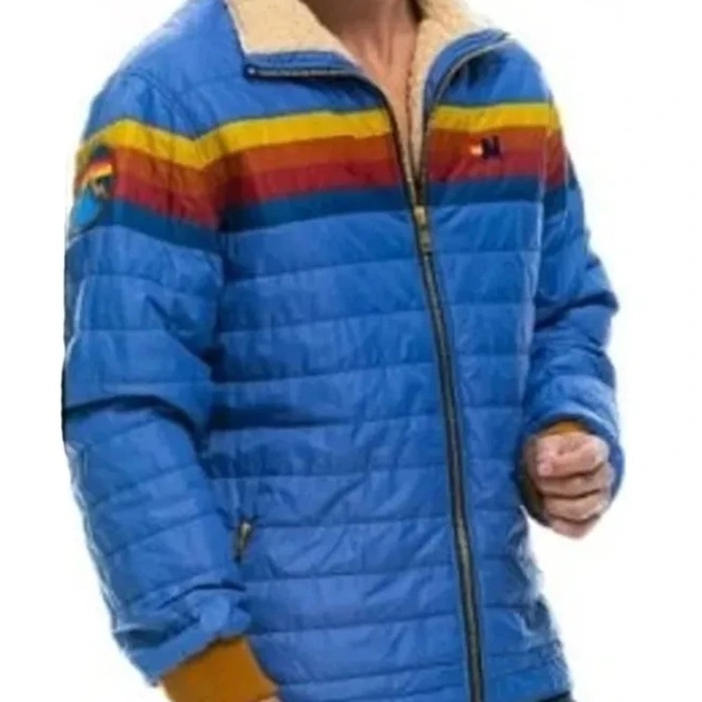 Aviator Nation Vibrant 5 Stripe Blue Puffer with Rainbow Stripes $550